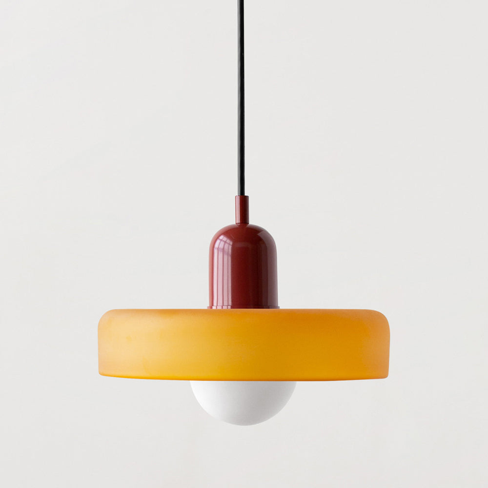 Hanging glass ceiling lamp with annular ring shade