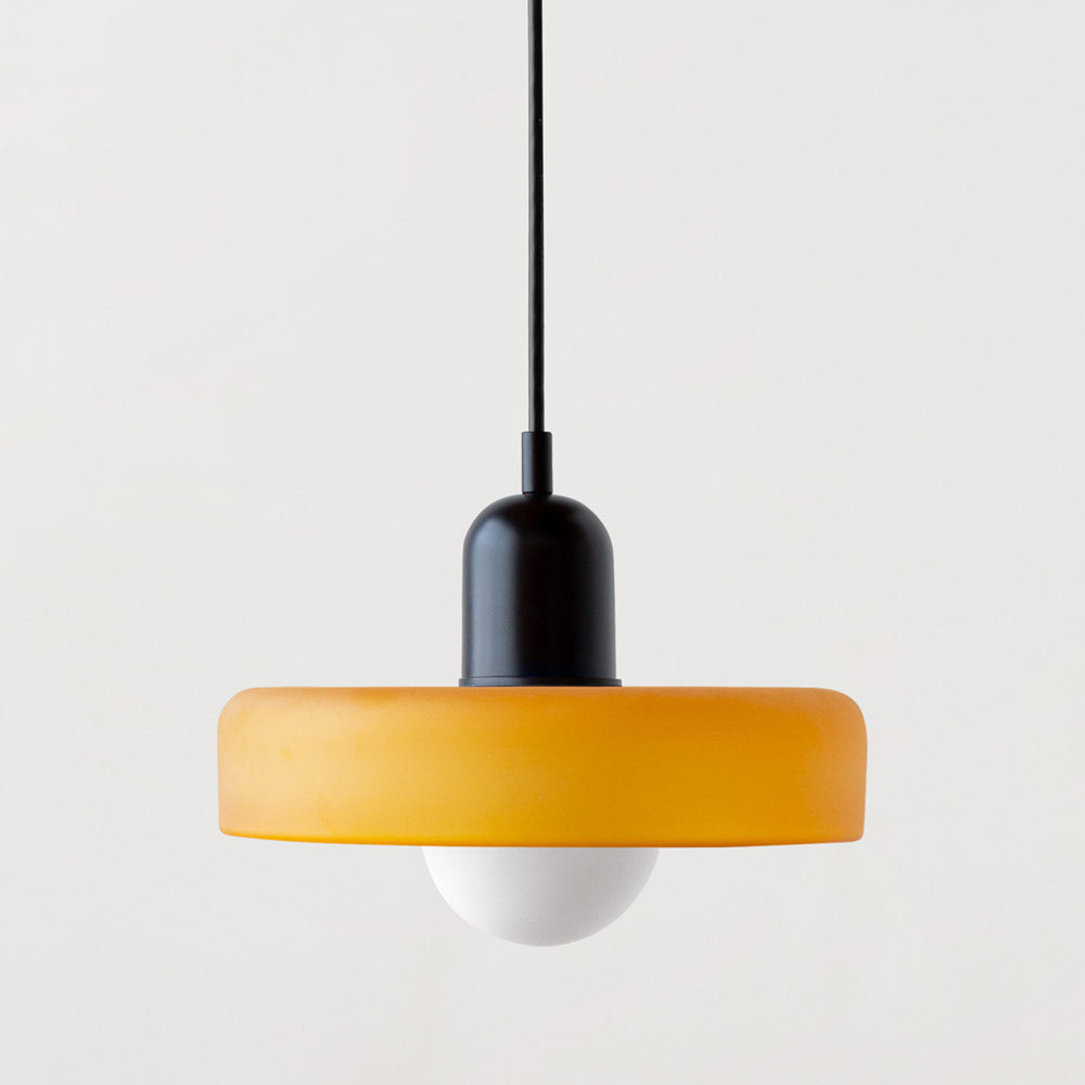 Hanging glass ceiling lamp with annular ring shade