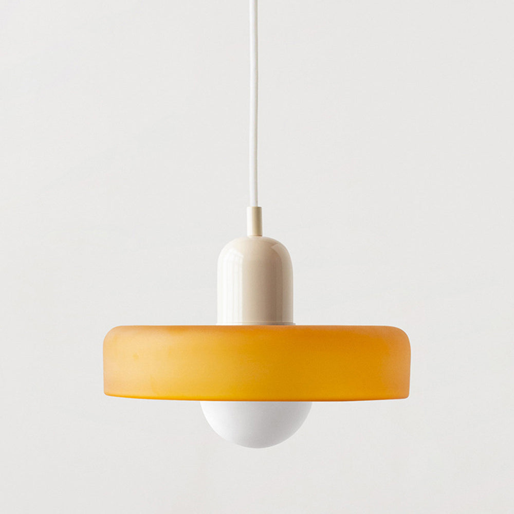 Hanging glass ceiling lamp with annular ring shade