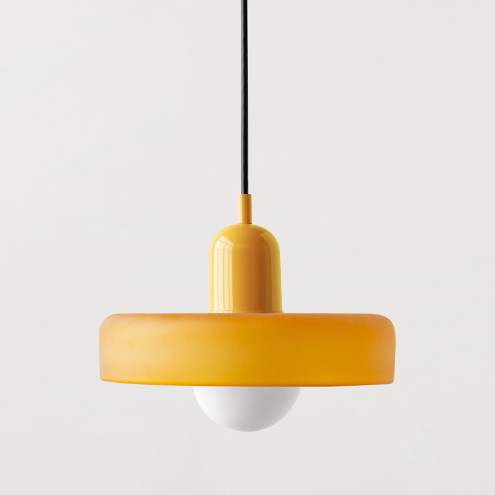 Hanging glass ceiling lamp with annular ring shade