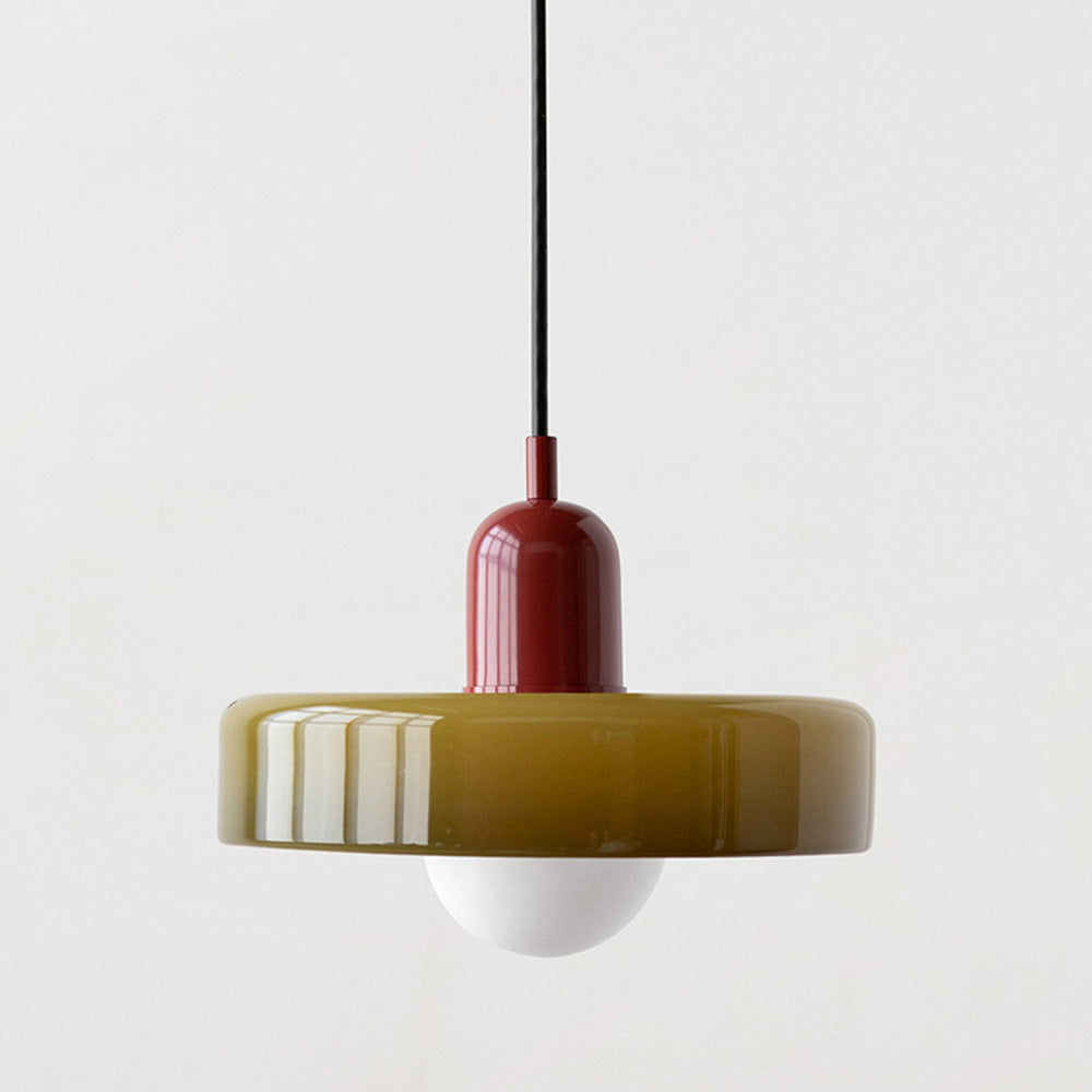 Hanging glass ceiling lamp with annular ring shade