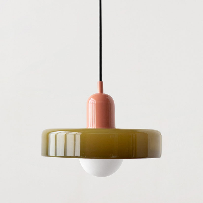 Hanging glass ceiling lamp with annular ring shade