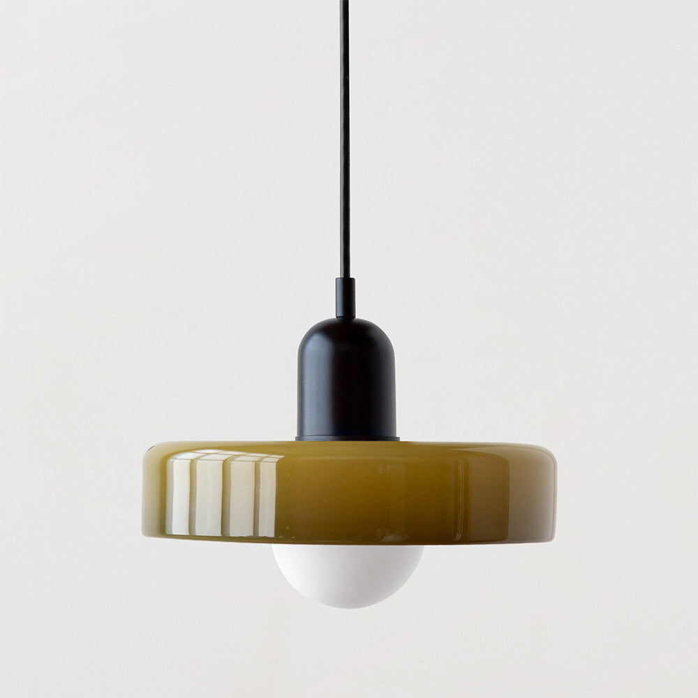 Hanging glass ceiling lamp with annular ring shade