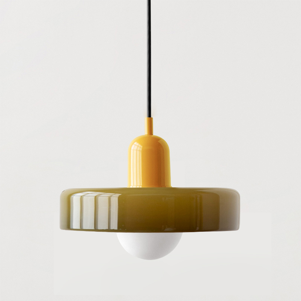Hanging glass ceiling lamp with annular ring shade