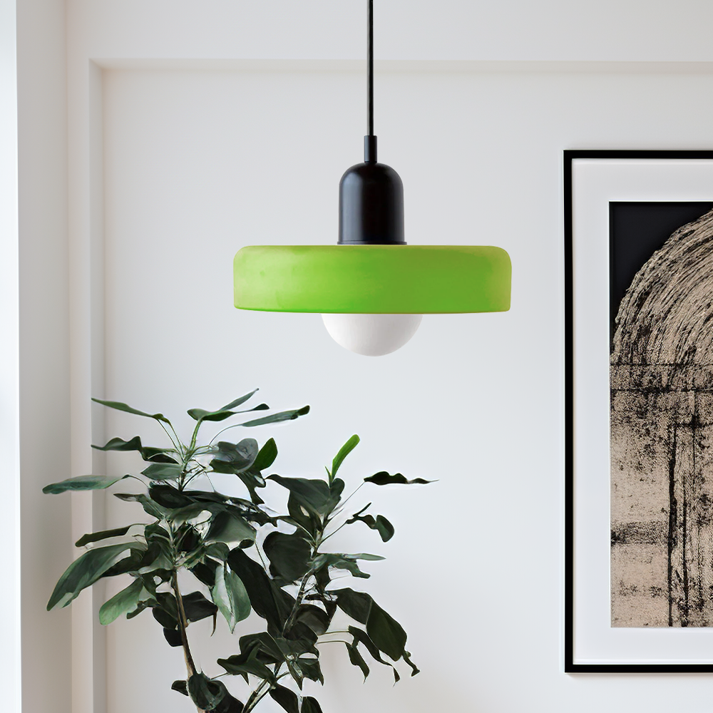 Hanging glass ceiling lamp with annular ring shade