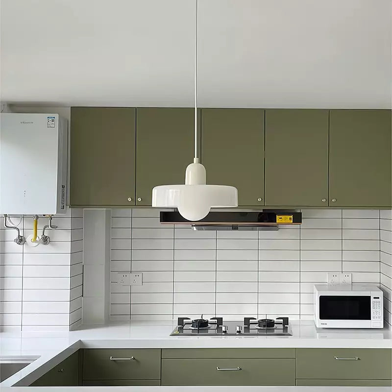 Hanging glass ceiling lamp with annular ring shade