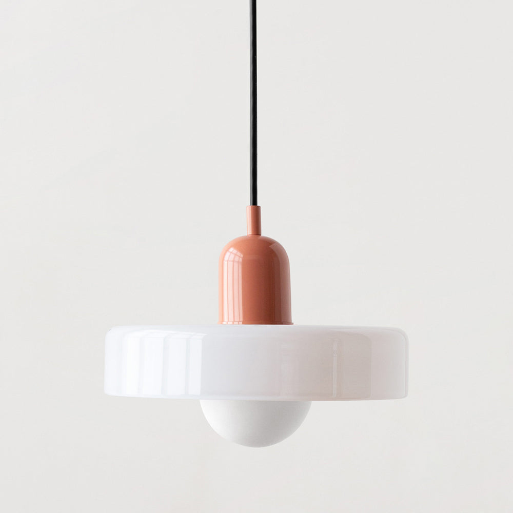 Hanging glass ceiling lamp with annular ring shade