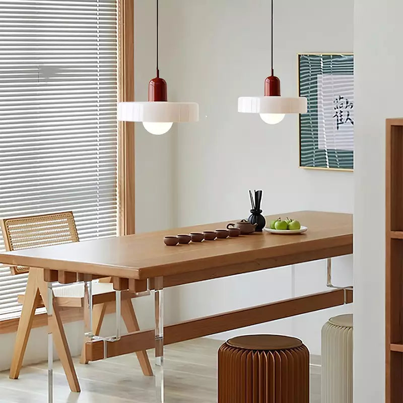Hanging glass ceiling lamp with annular ring shade