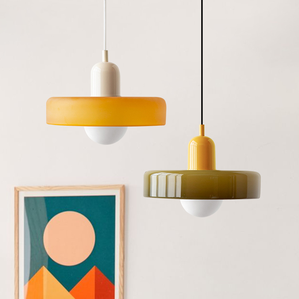 Hanging glass ceiling lamp with annular ring shade