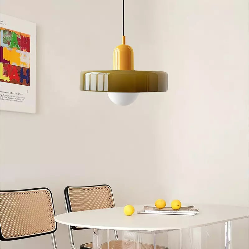 Hanging glass ceiling lamp with annular ring shade