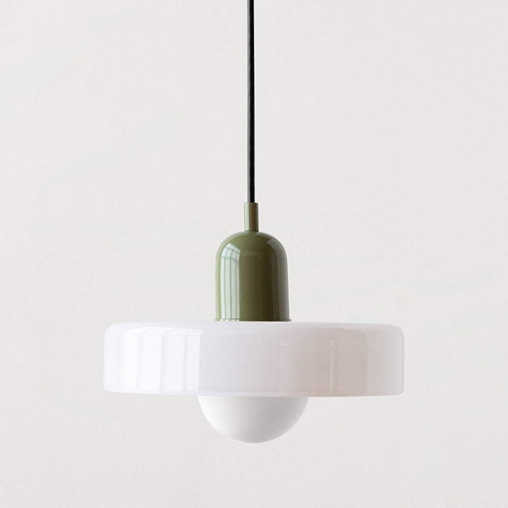 Hanging glass ceiling lamp with annular ring shade