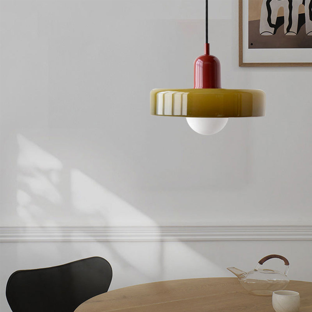 Hanging glass ceiling lamp with annular ring shade
