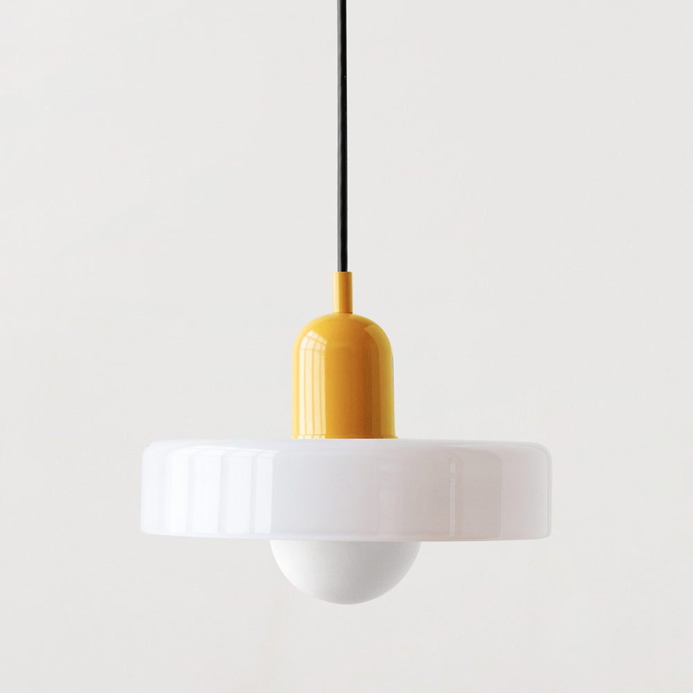 Hanging glass ceiling lamp with annular ring shade