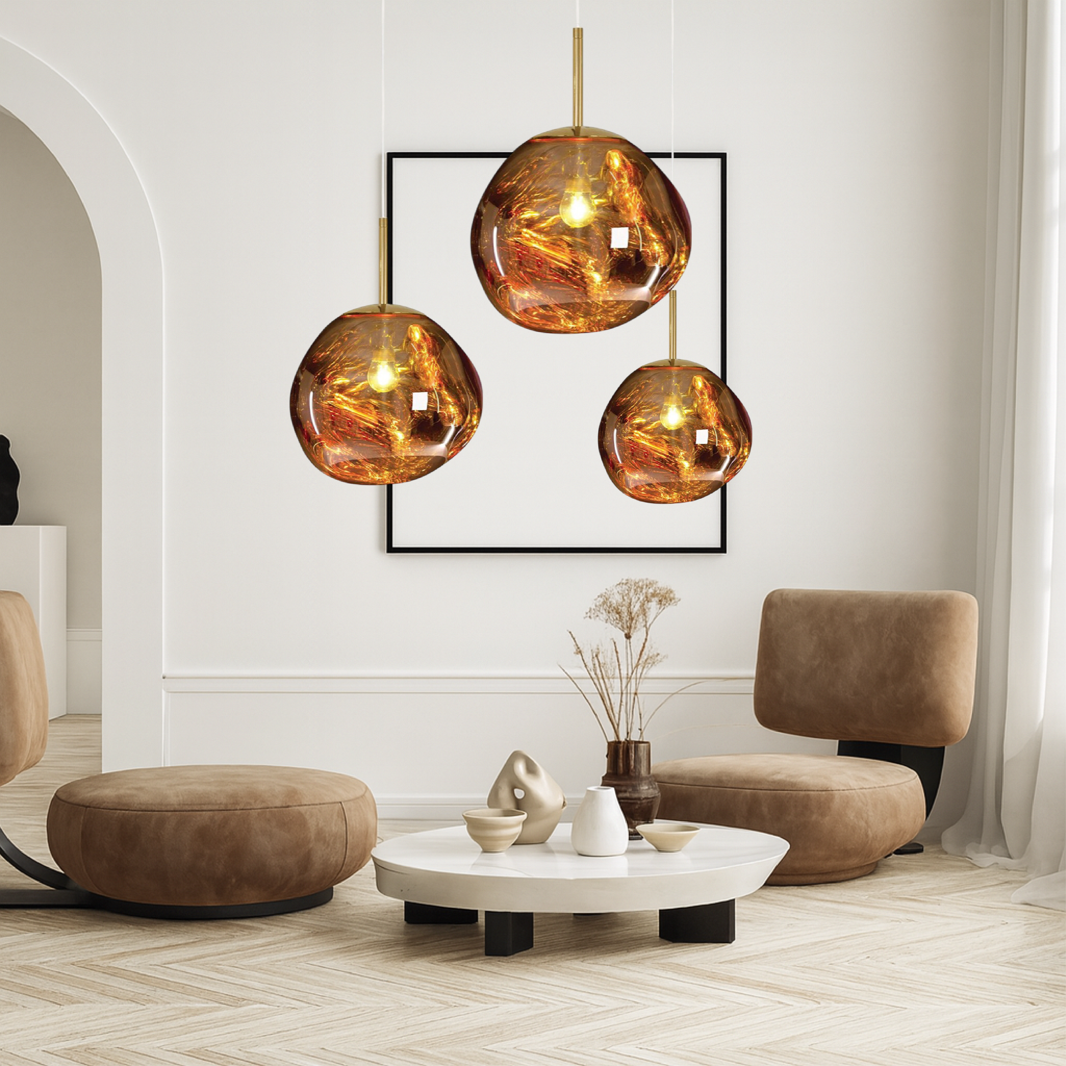 Hanging lamp with molten-style glass globe