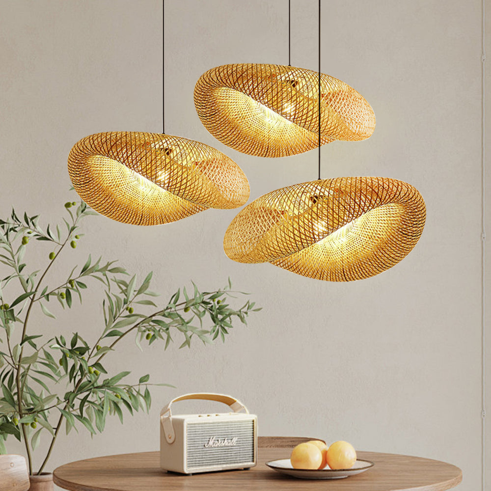 Hanging lamp with twisted woven bamboo structure