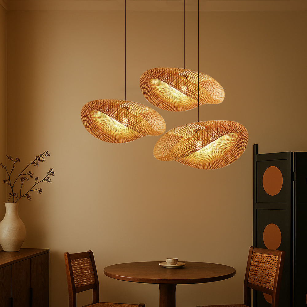 Hanging lamp with twisted woven bamboo structure
