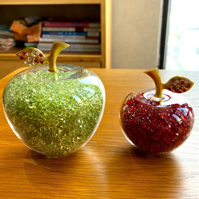 Sparkling Crystal Apple Ornament with Golden Leaf Detail