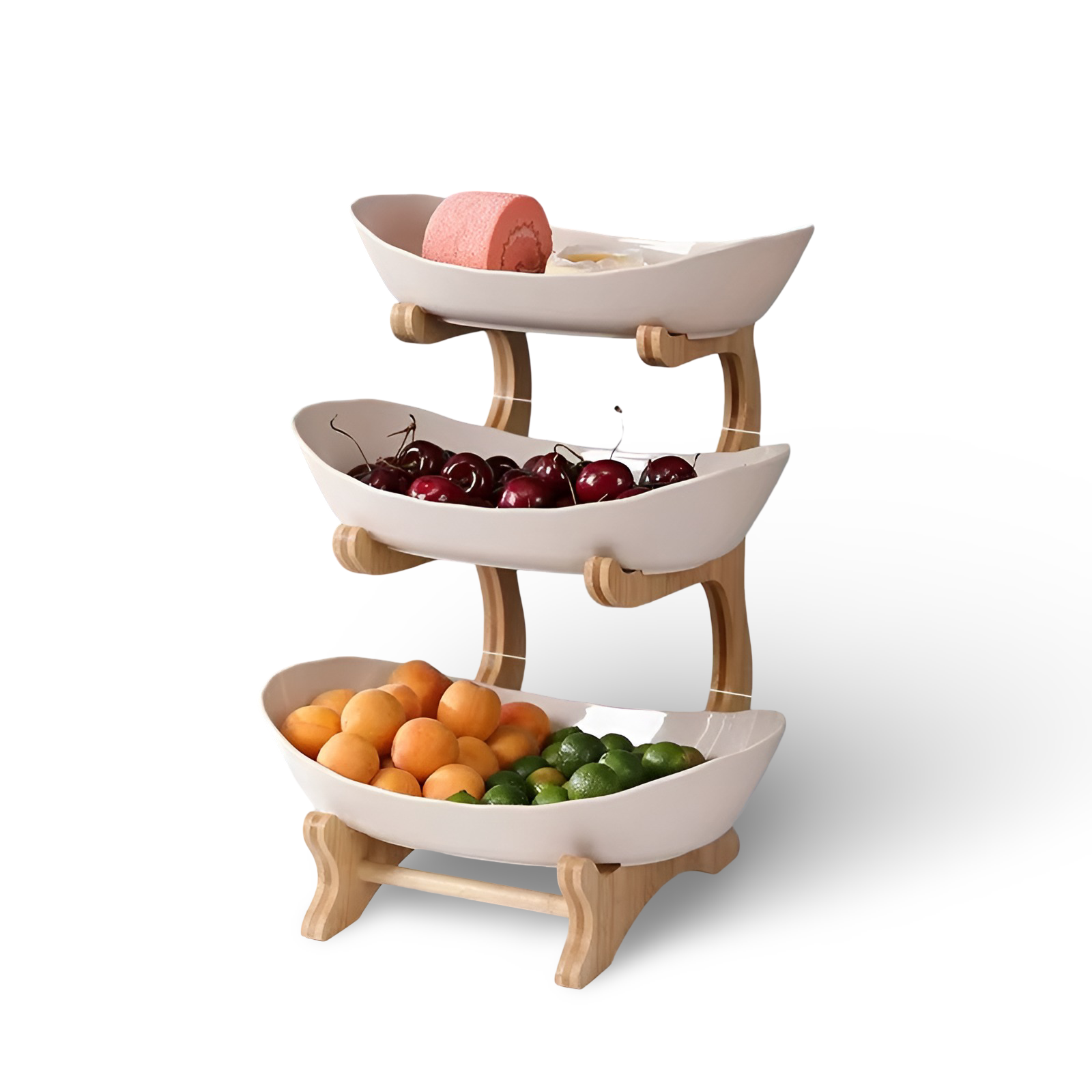 Multi Tier Fruit Bowl with Wooden Stand and Trays