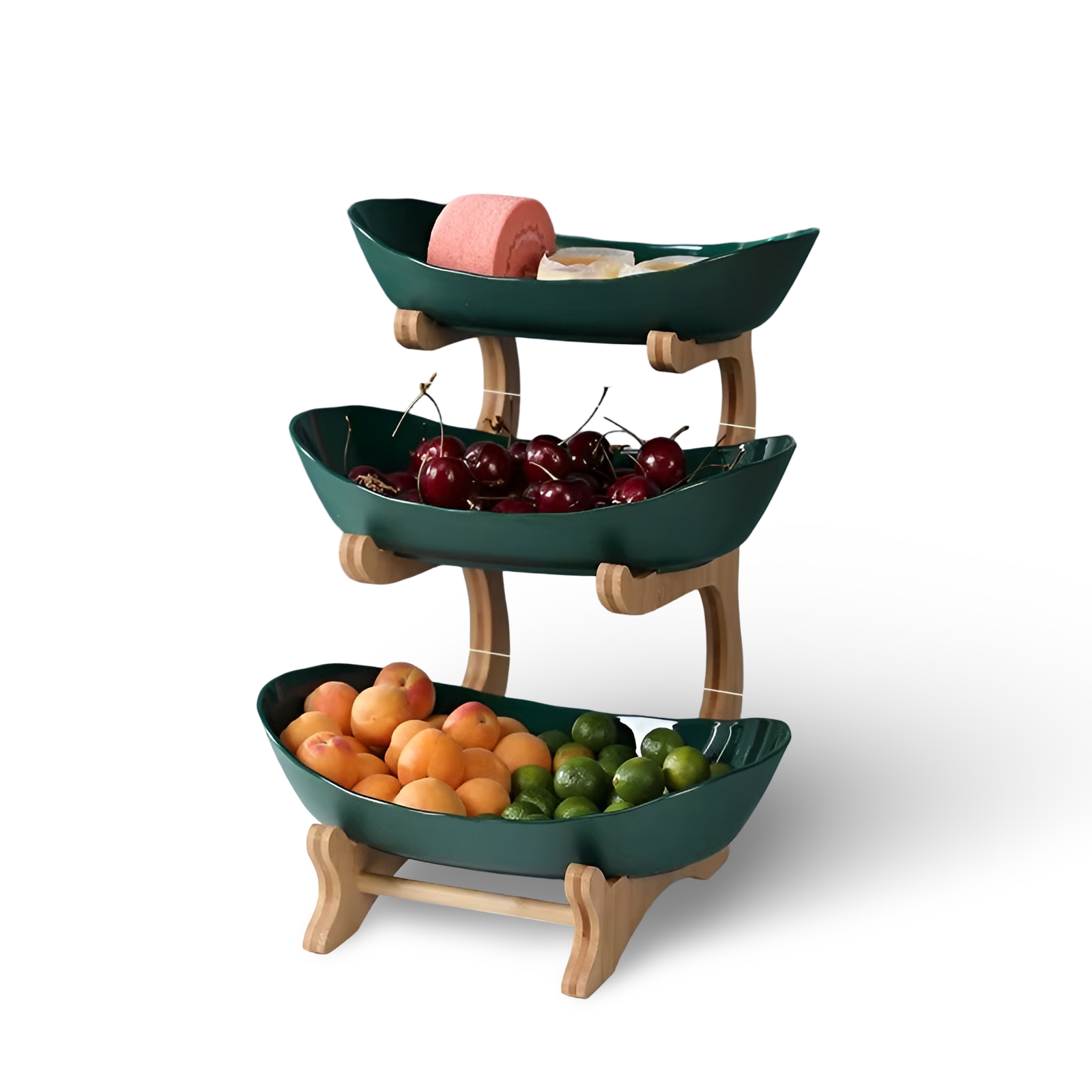 Multi Tier Fruit Bowl with Wooden Stand and Trays