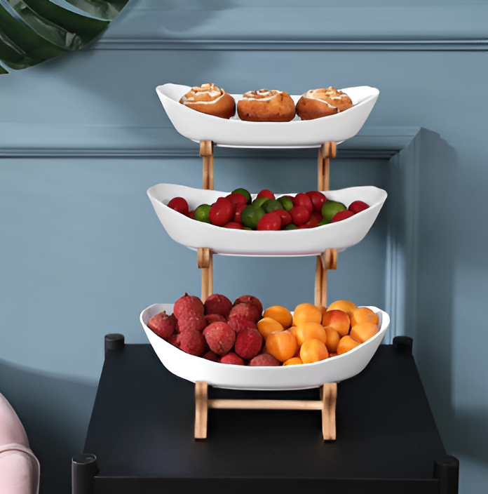 Multi Tier Fruit Bowl with Wooden Stand and Trays