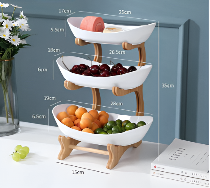 Multi Tier Fruit Bowl with Wooden Stand and Trays