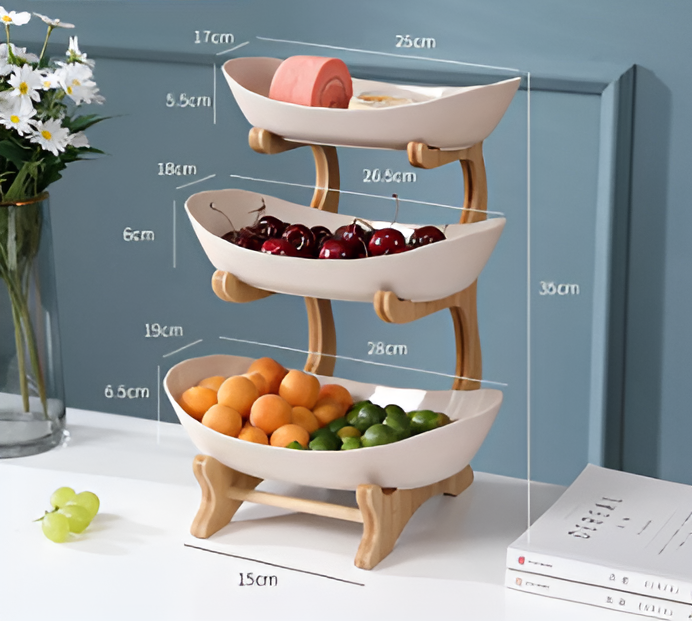 Multi Tier Fruit Bowl with Wooden Stand and Trays