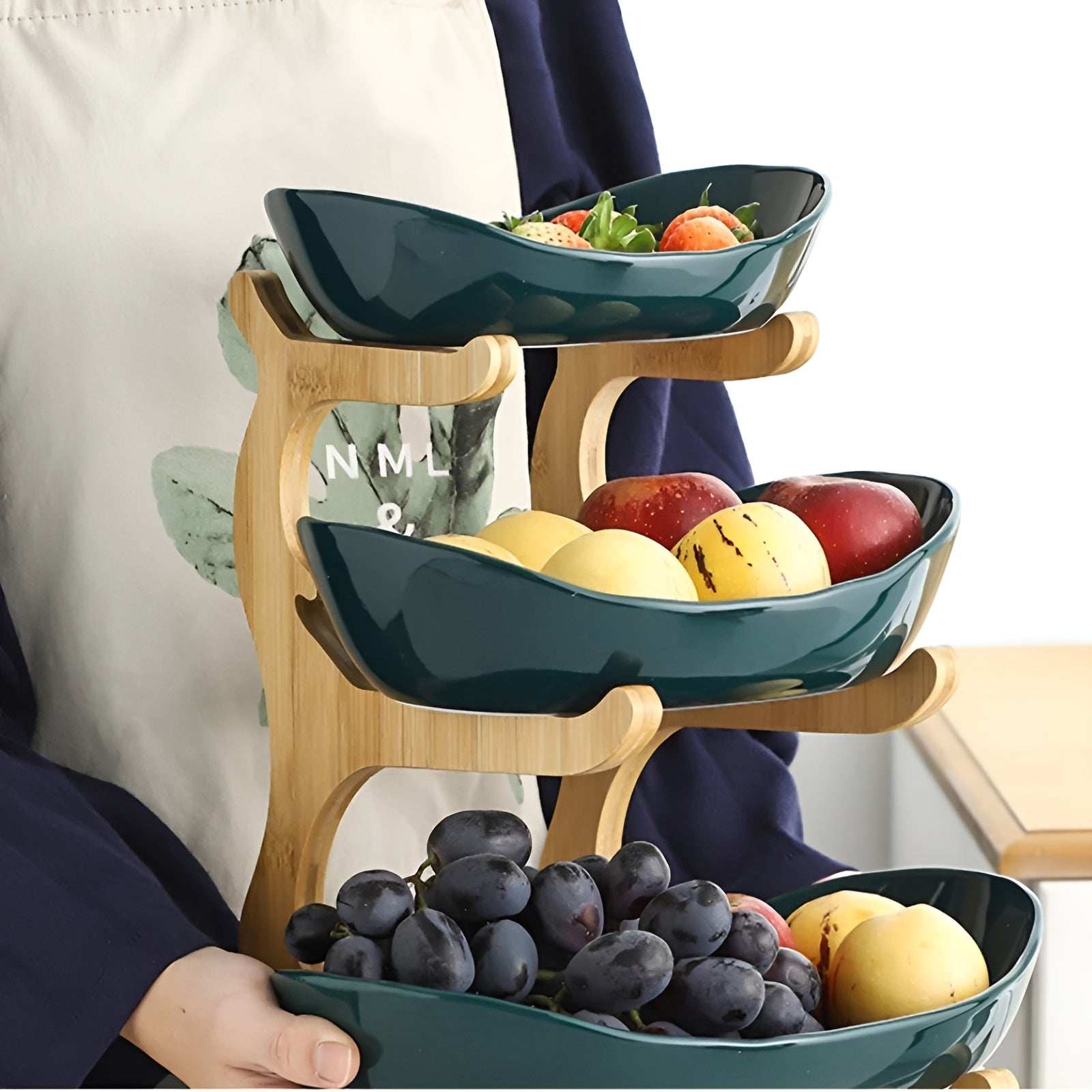 Multi Tier Fruit Bowl with Wooden Stand and Trays