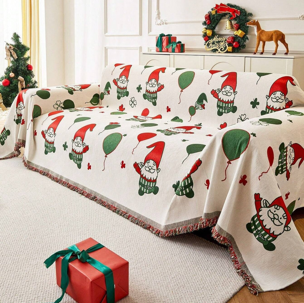 Festive Christmas Gnome Couch Cover for Living Room Sofa