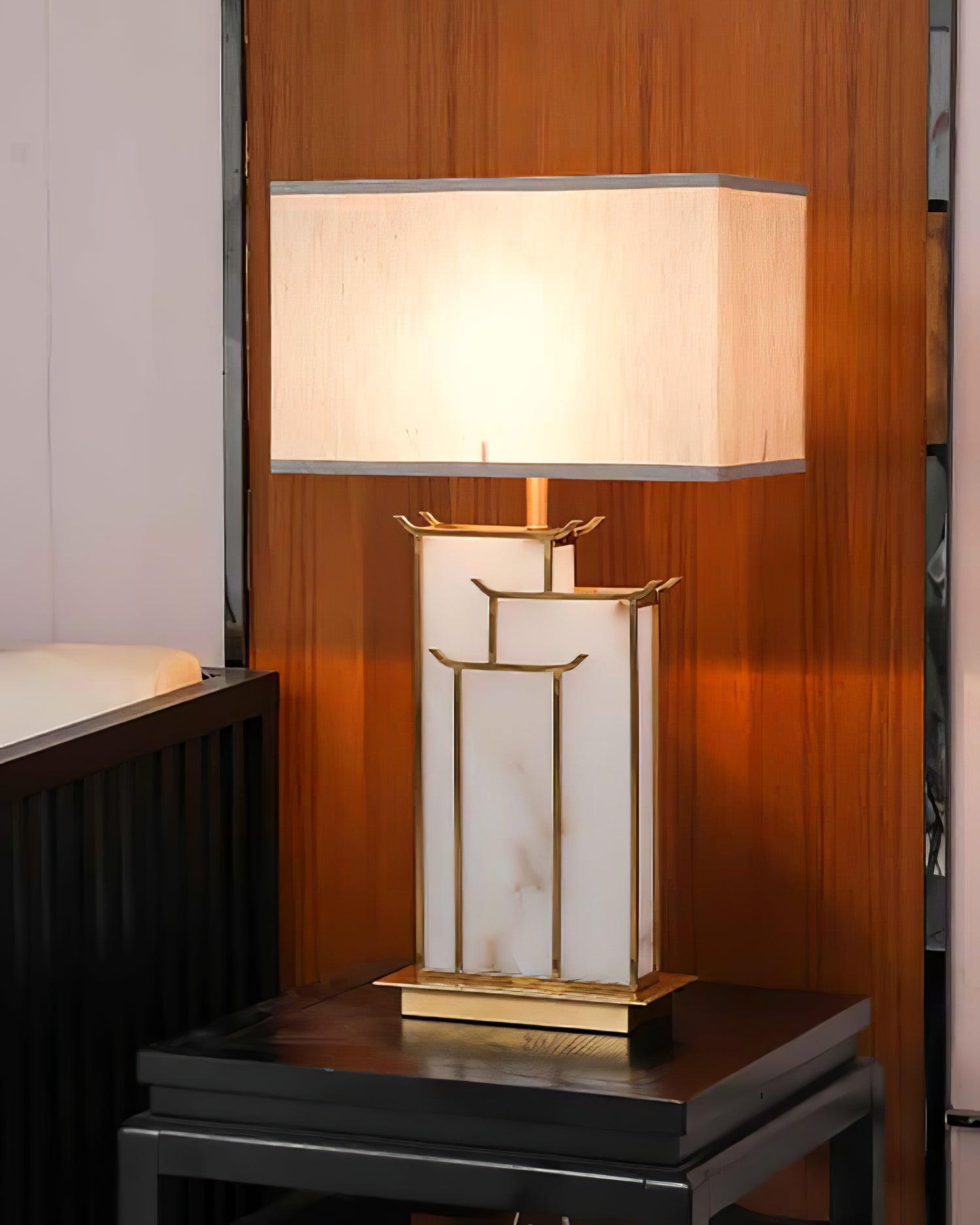 Rectangular Glass Table Lamp with Metal Frame and Fabric Shade