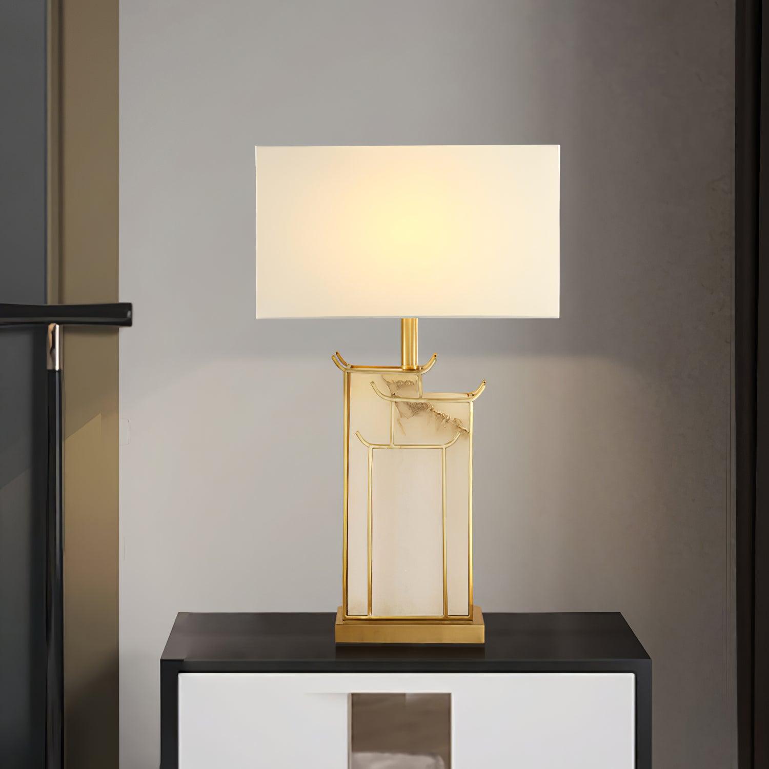 Rectangular Glass Table Lamp with Metal Frame and Fabric Shade