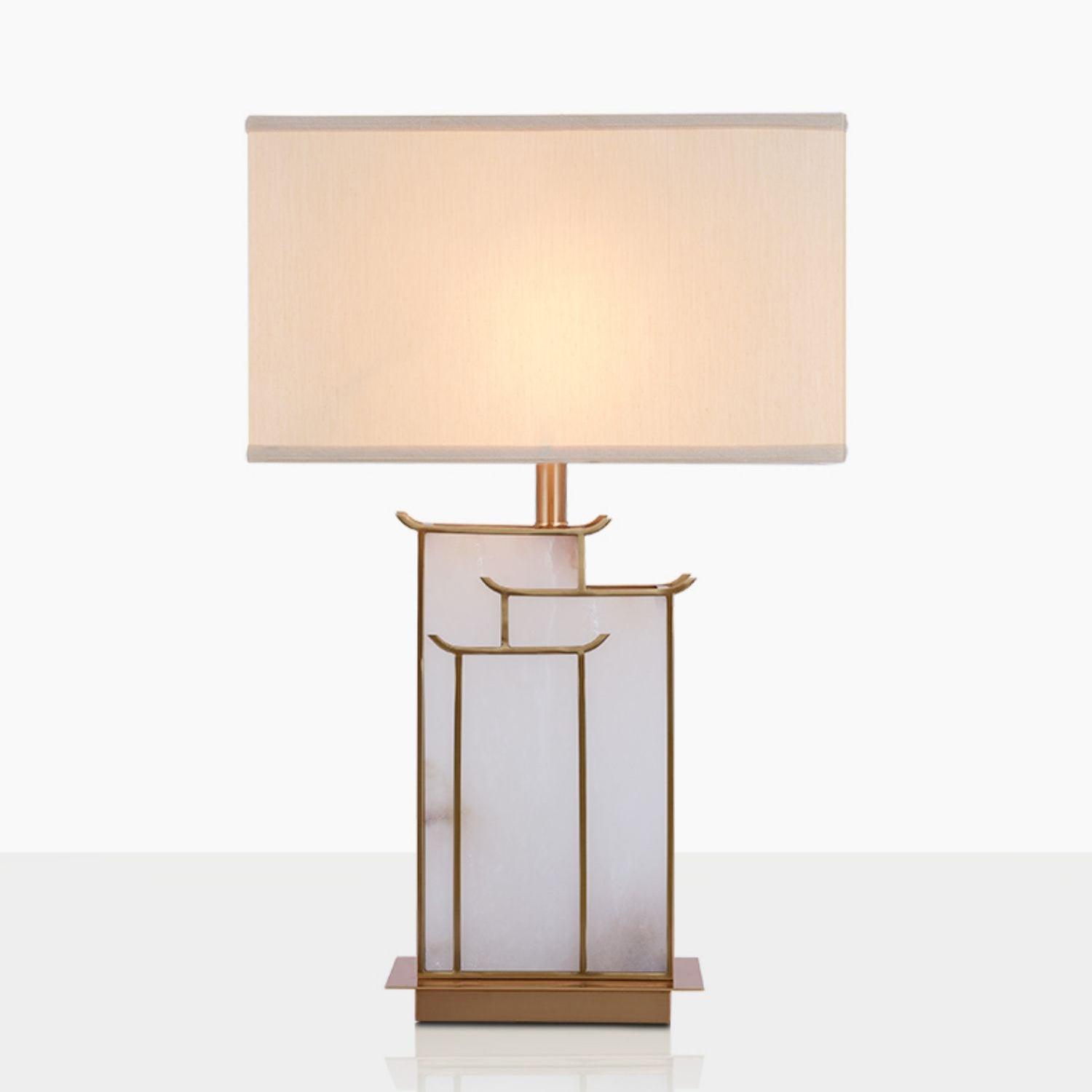Rectangular Glass Table Lamp with Metal Frame and Fabric Shade