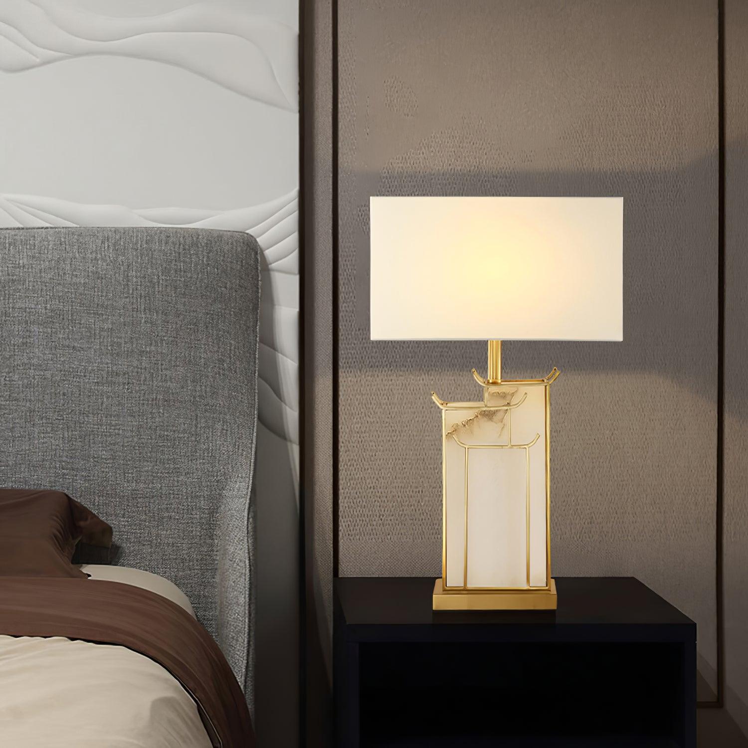 Rectangular Glass Table Lamp with Metal Frame and Fabric Shade