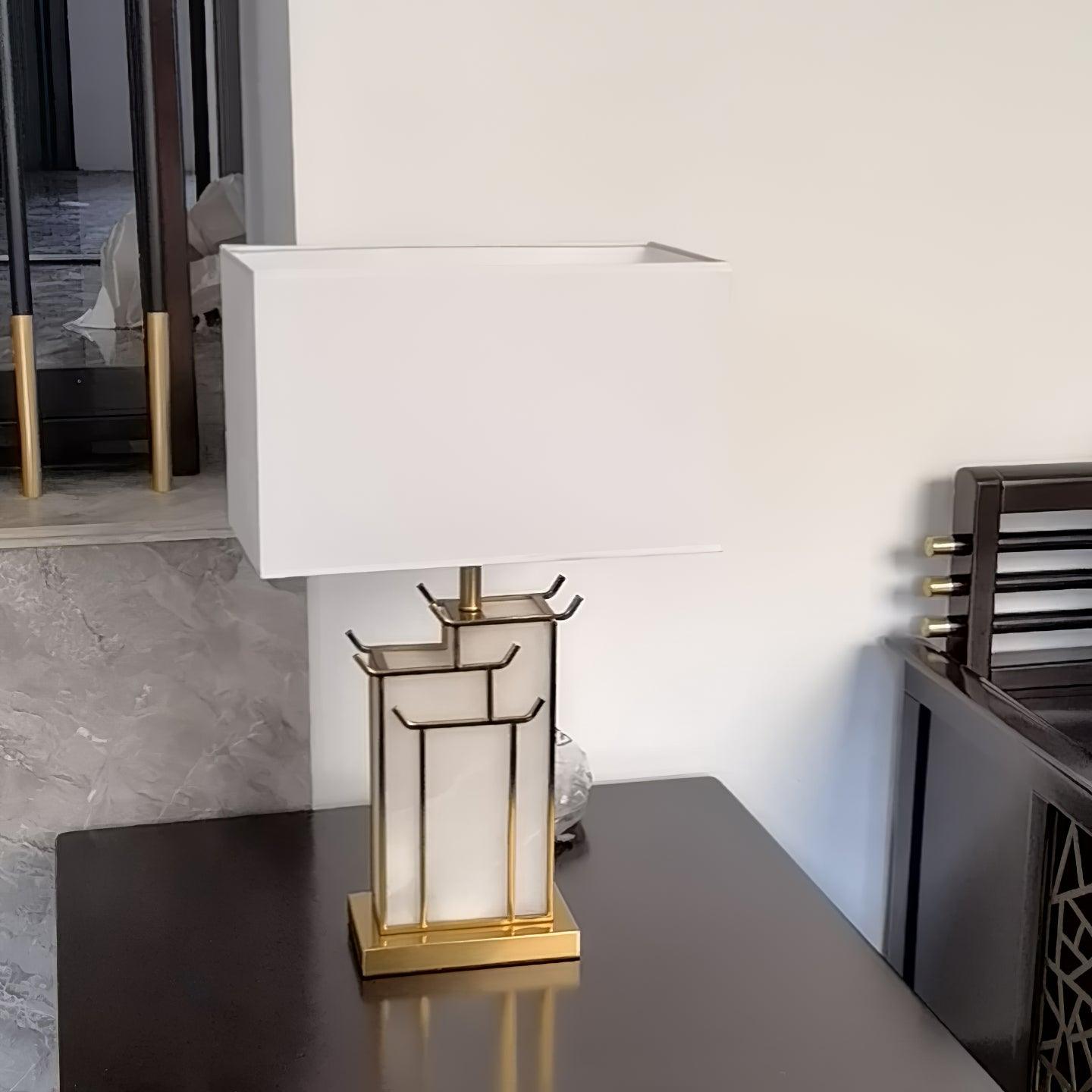 Rectangular Glass Table Lamp with Metal Frame and Fabric Shade