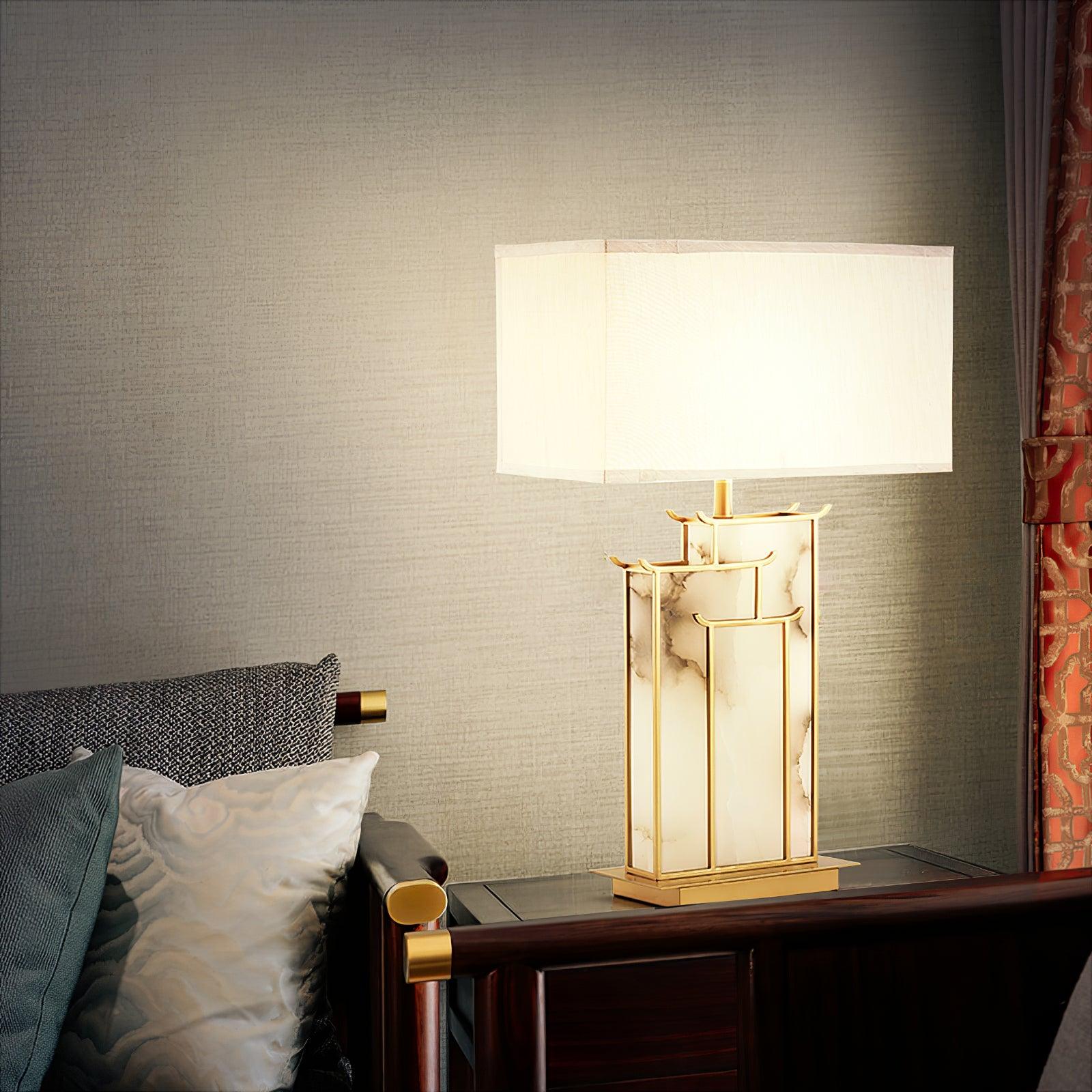 Rectangular Glass Table Lamp with Metal Frame and Fabric Shade