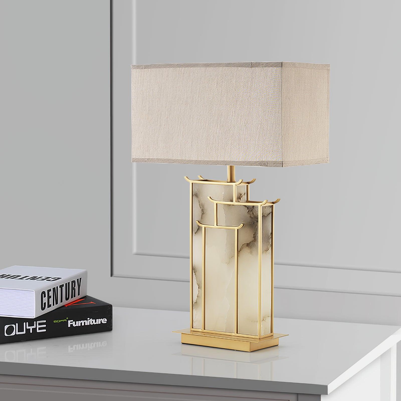 Rectangular Glass Table Lamp with Metal Frame and Fabric Shade