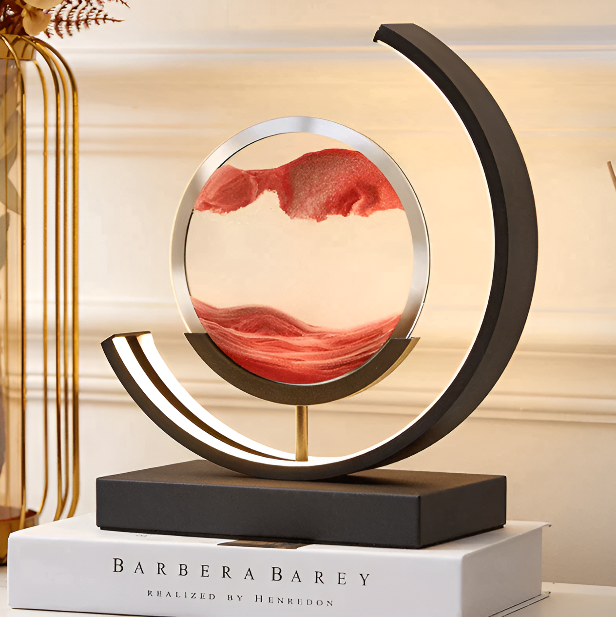 LED sand art table lamp with circular frame