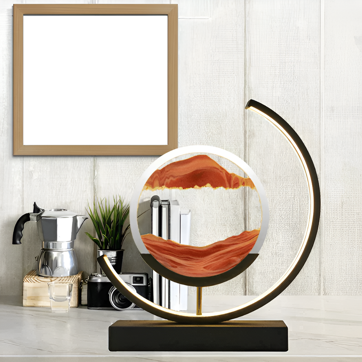 LED sand art table lamp with circular frame