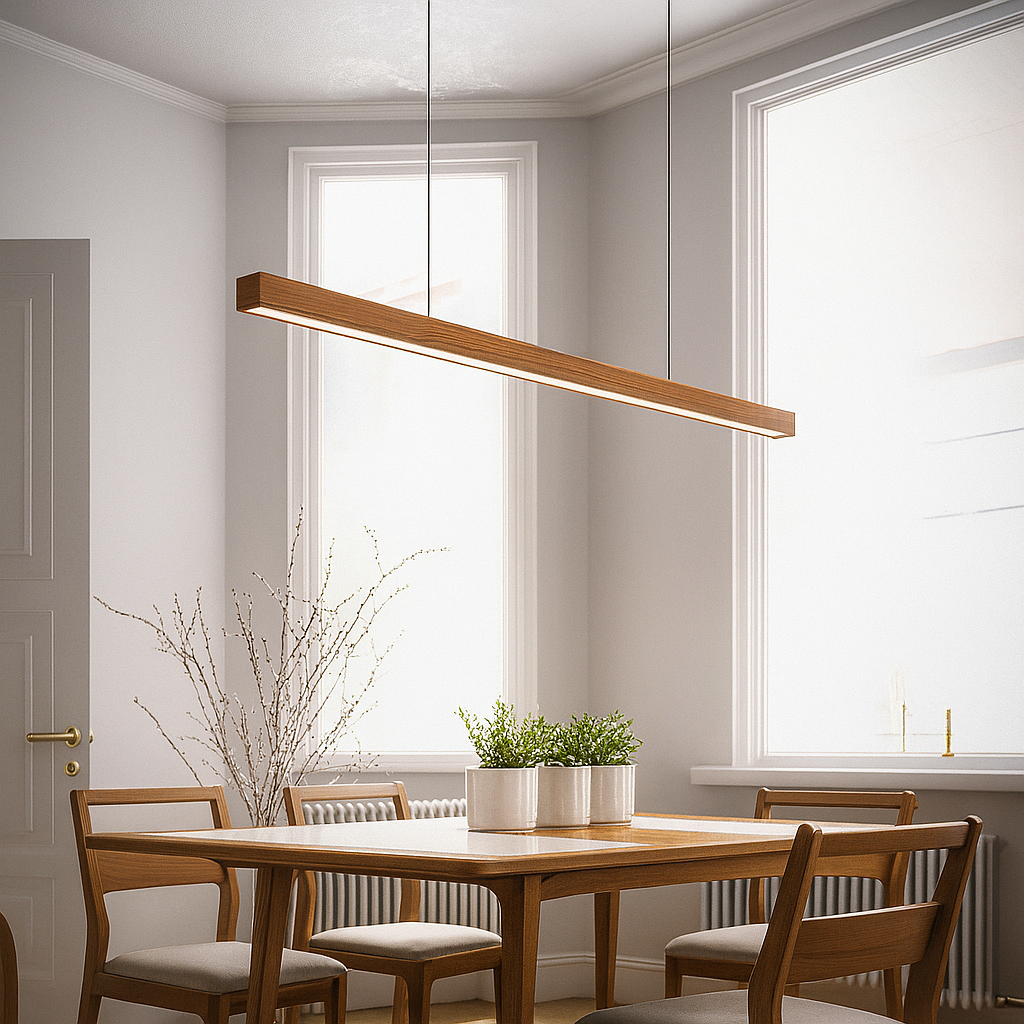 Linear wooden LED pendant light with slim bar shade
