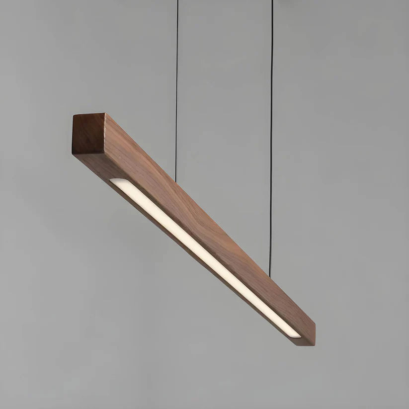 Linear wooden LED pendant light with slim bar shade