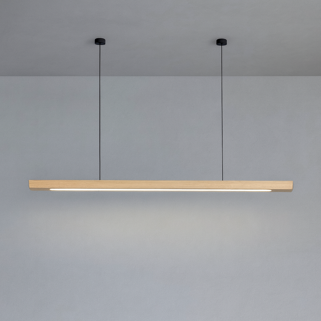 Linear wooden LED pendant light with slim bar shade
