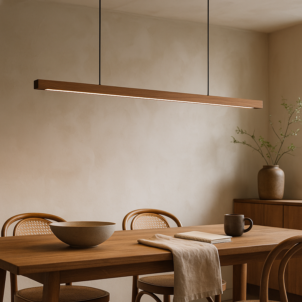 Linear wooden LED pendant light with slim bar shade