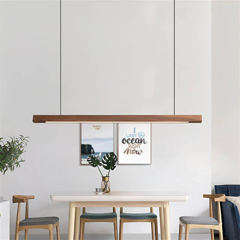 Linear wooden LED pendant light with slim bar shade