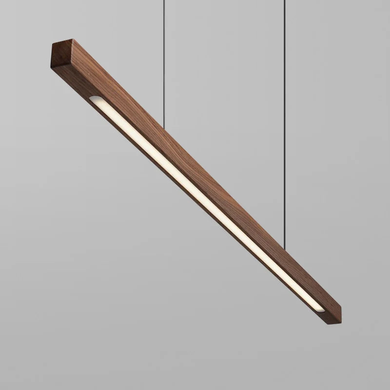 Linear wooden LED pendant light with slim bar shade