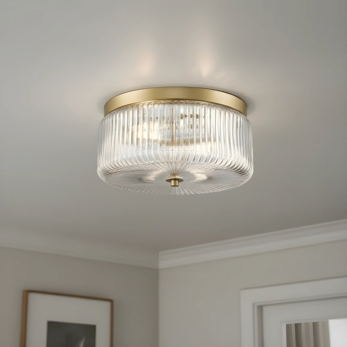 Round Ribbed Glass Ceiling Light with Gold Finish