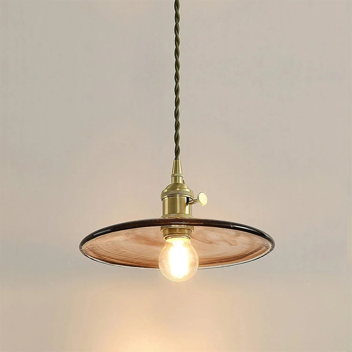 Mid Century Brass Pendant Light with Curved Glass Shade