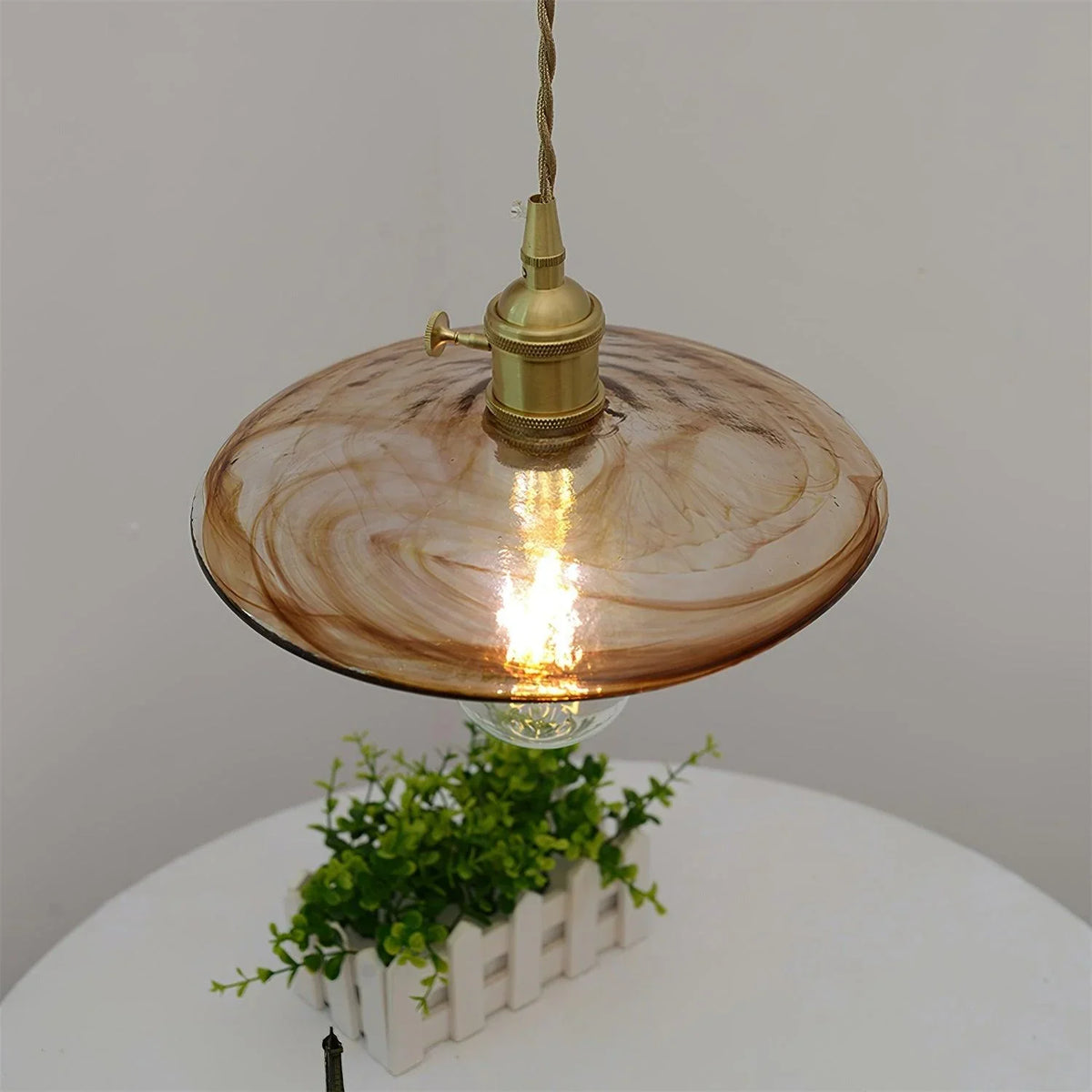 Mid Century Brass Pendant Light with Curved Glass Shade