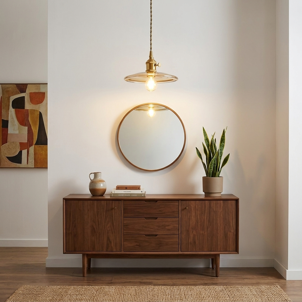 Mid Century Brass Pendant Light with Curved Glass Shade