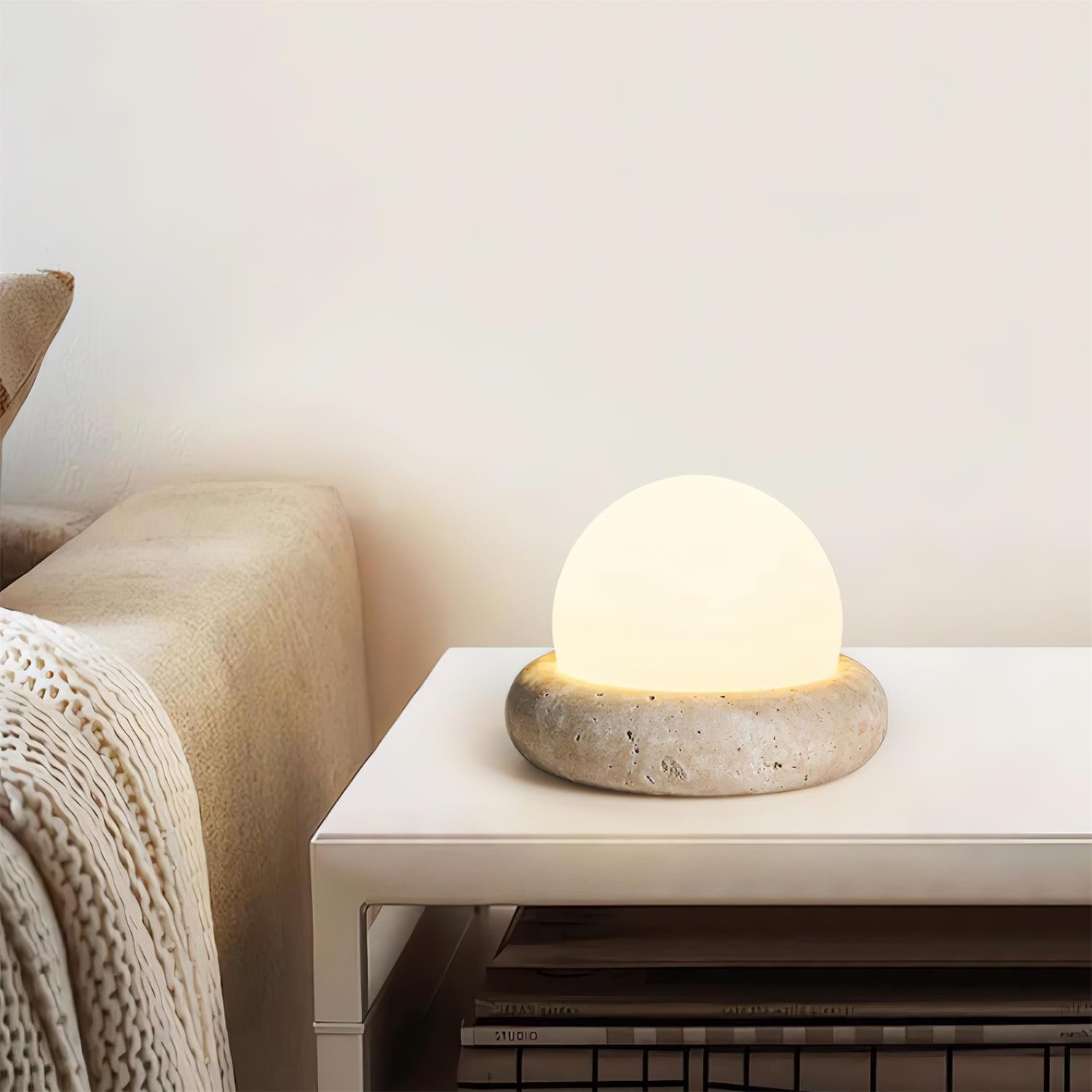 Travertine Base Table Lamp with Glass Globe Shade