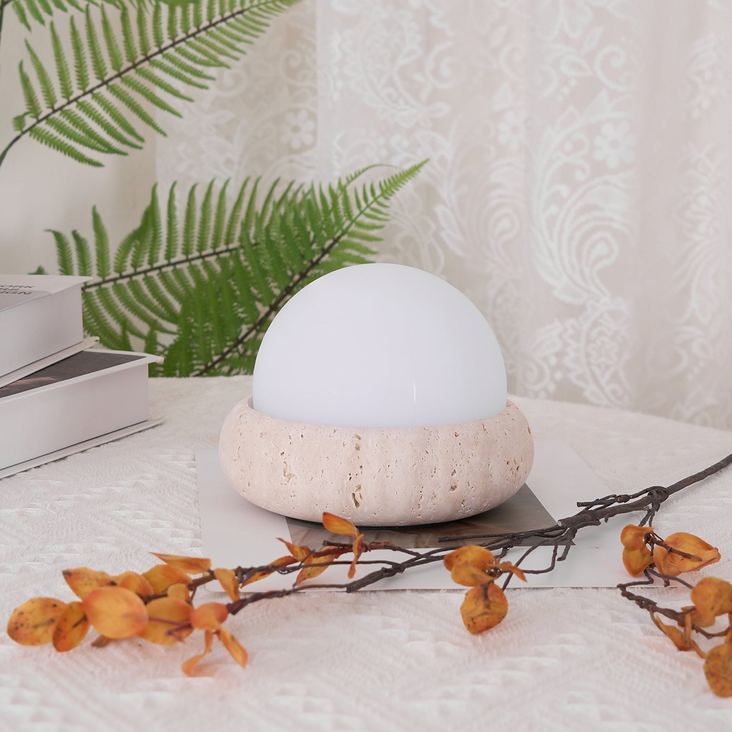 Travertine Base Table Lamp with Glass Globe Shade