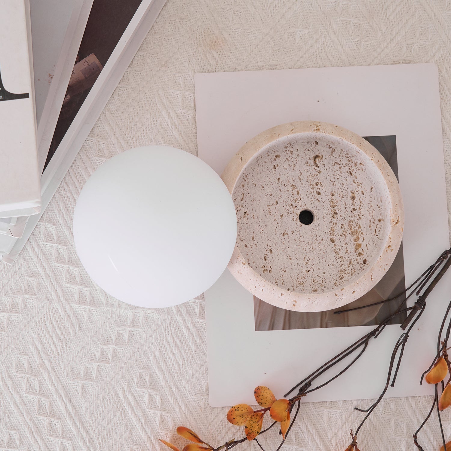 Travertine Base Table Lamp with Glass Globe Shade